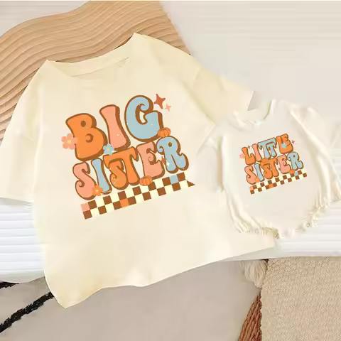Big Sister/Little Sister Print Kid Retro Family Outfit Casual Child Sisters Outfit Short Sleeve T-sh