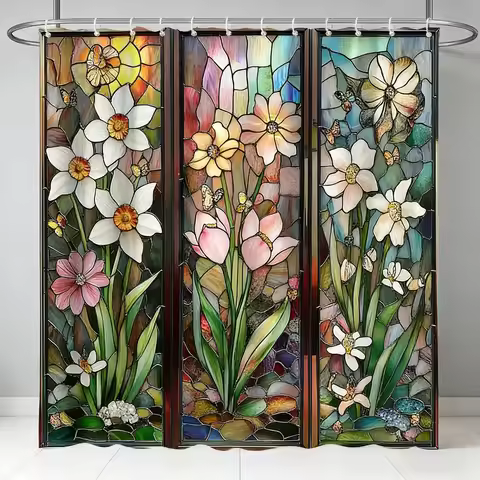 Stained Glass Floral Shower Curtain 72x72 Polyester Washable with Hooks Vintage Art Deco Bathroom De