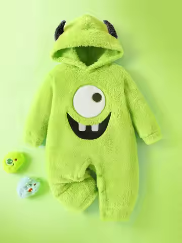 Baby boy monster embroidered demon ear hat plush jumpsuit