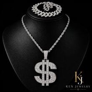 European & American Hip Hop Style Men's Diamond Dollar Sign Pendant Necklace Set Iced Out S Letter C