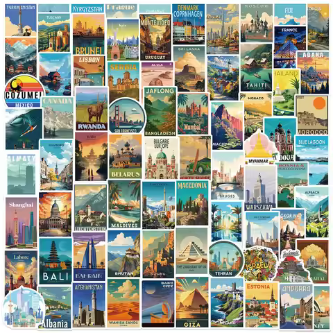 100PCS Cartoon World Landmark & National Park Graffiti Waterproof Stickers DIYFor Decorative Guitar