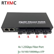 Gigabit Ethernet Switch Fiber Optical Media Converter 4SC Transceiver 5-12V 3RJ45 UTP 1000M 1.25G