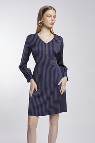 ESPADA เดรสคอวีแขนยาว ผู้หญิง สีน้ำเงินเข้ม | V-Neck Pinstripe Dress | 01040