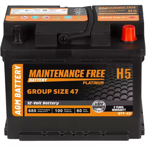 H5 Group Size 47 Start and Stop AGM Automotive Battery 12V 60Ah 680 CCA 100 RC Rechargeable Car Batt