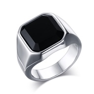 MG Men Fashion Onyx Stone Ring Silver Stainless Steel Big Stone Signet Ring For Dad Gift