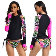 Rashguard Women Long Sleeve Swimsuit Sun Protection Rash Guard Zipper SwimwearTwo Piece Print Surf Shirt Top Triangle Bottom