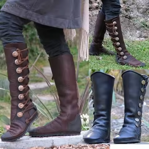 Medieval Steampunk Vintage Women's PU Leather Viking Pirate Boots Retro Buckle Men's Knight Hunter C