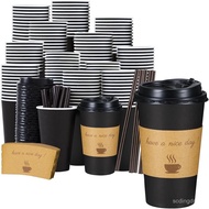 Lamosi 16 oz Coffee Cups 50 Pack, Disposable Coffee To Go Cups with Lids, Stir Sticks and Sleeves, 1