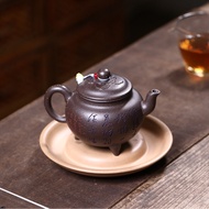 Yixing Zisha Teapot 340cc Raw Ore Zisha Gold Sand Handmade Double-Knife Engraved Dabin Ruyi Teapot [
