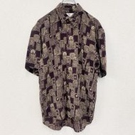 古著 SABLINA VALENTINO短袖全印花襯衫，幾何圖案和胸袋，ブラウン，復古，M 碼