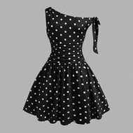 Tween Girl Casual Asymmetric Shoulder Ruched Polka Dot Print Sleeveless Skater Dress, Elegant Prince