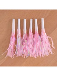 6入組粉色流蘇哨子喇叭,適用於成人派對、生日派對、啦啦隊和小禮物
