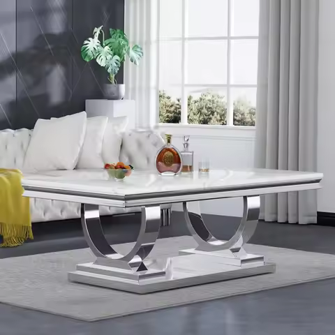 47" Rectangular Coffee Table, Modern White Faux Marble Cocktail Tea Table Center Table with Silver M