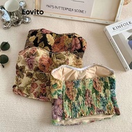 Lovito Casual Tank Top Ditsy Floral crop Tank Top for Women L71ED043 (Black/Apricot/Khaki)