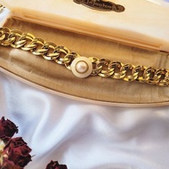 美國西洋古董飾品 / 金色調MONET莫內寬雙圈琺瑯珍珠摩登項鍊