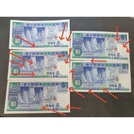 (5 Running number) Singapore old banknote ship Series 1 Dollar $1. Prefix: A76 408462 to 408466 Embo