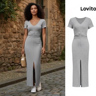(trendy6)Lovito Casual Dress Plain Split Front Dress for Women L108ED610
