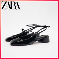 ZARA new women's shoes thick heel slingback round toe flat shoes