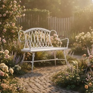 Vintage Bench with Armrests Distressed Metal Bench Antique-Look Furniture Lattice-Back for Homeowner