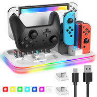 鯨品購 - Switch控制器充電器底座適,充電底座支架適用於 4 個 Joy Cons 和 Switch Pro 控制器，帶 LED 充電指示燈和 8 個遊戲插槽-白色