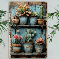 1pc Charming Retro Metal Tin Sign With Potted Succulents & Cactus - Ideal For Home, Bar, Cafe, Garde