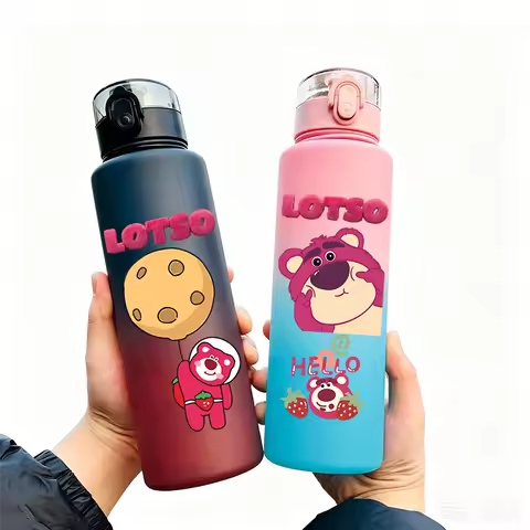 Cute Lotso Strawberry Bear Portable Water Bottle with Lanyard, Leakproof Kids Outdoor Drinking Cup f