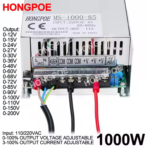 Adjustable 1000W Switching Power Supply 0-12V 15V 24V 36V 48V 60V 72V 85V 90V 110V 150V 110/220V Ac 