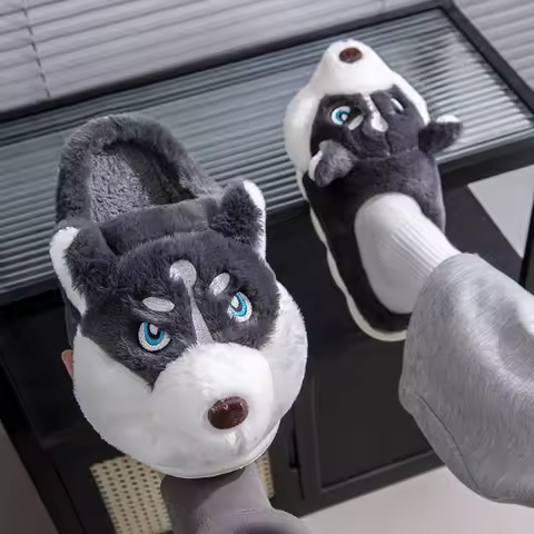 Plush Husky Slippers Cartoon Animal Slippers Anti Slip Slip-on House Shoes Comfortable Fuzzy Dog Sli