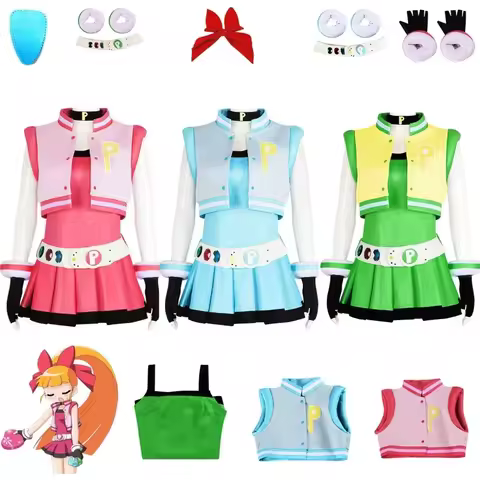 ABC123Powerpuff Cosplay Girls Blossom Buttercup Bubbles Costume Dress With Belt Set Halloweenb;6'j,k