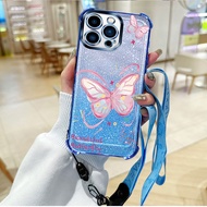 Dance Butterfly Phone Case with Rose 2-in-1 Crossbody Lanyard Wristband For i Phone 13 Pro Max For i