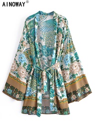 [Bbees] Bộ Kimono áo choàng đi biển ngắn cổ chữ V tay áo cánh dơi cổ chữ V phong cách boho Peacock p