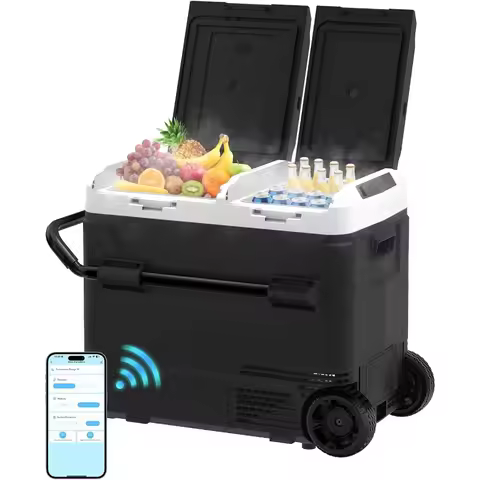12 Volt Refrigerator 63QT 60L Dual Temperature Zone Electric Cooler with Wheels Portable Freezer 12V