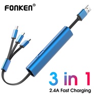 Fonken 3 In 1 USB Charging Cable USB To Micro USB/Type-C/8-Pin Cable Retractable Charger Cable 2.4A Fast Charge Cable