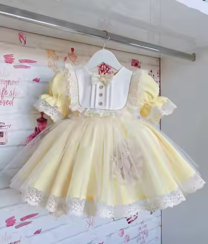 0-12Y Baby Girl Summer Bear Turkish Vintage Princess Yellow Dress for Birthday Holiday Easter Photog