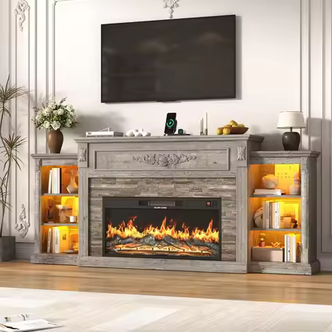 85" Electric Fireplace with Mantel, Farmhouse TV Stand with 36" Fireplace for TVs Up to 95 Inch, 37.