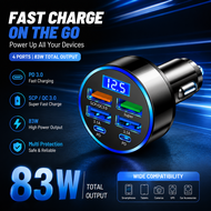83W 4-USB Car Charger, QC3.0 PD Type-C Digital Display, 3.1A with Voltage Detection, Multi-Port Car 