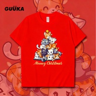 Christmas Cat Stack Pakaian Keluarga Parent-child baju T-Shirt Kids Adult boy girl beach outfit tops