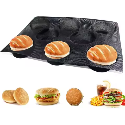 8 Loaf Hamburger Bun Molds Silicone Perforated Non Stick Bread Pan for Bread Baguette Buns Puffs Tar