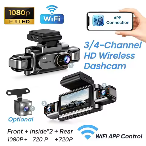 3-4 Channel WiFi Dash Cam, 1080P Full HD, APP WiFi Control, 3.5" Screen, HD Night Vision, 24H Parkin