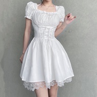 KA5 French puff short-sleeved lace edge fairy skirt temperament palace style square neck tie waist t