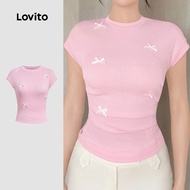 Lovito  Lovito Casual Tshirt Bow Leisure Classic and Versatile Pink Tshirt for Women L171AD1154 Baju