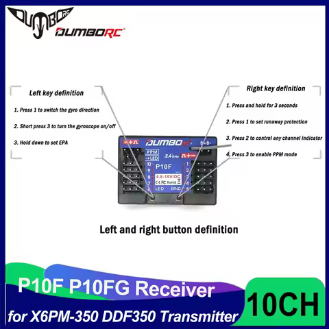 DUMBORC 10CH Receiver P10F P10FG 2.4G Gyro Voltage Return for X10P350 X6PM-350 DDF350 Transmitter Re