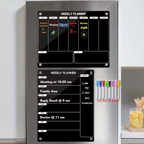 Weekly Dry Erase Board for Refrigerator, Magnetic Weekly Calendar for Fridge, Black Acrylic Note Boa
