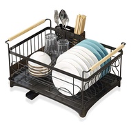 Dish Drying Rack with Drip Tray,Stainless Steel Dish Drainer with Wooden Handles and Removable Cutlery holder,Black