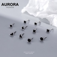 AURORA S999 Real Silver Unisex Simple Mini Drip-glazed Black Stud Earrings Jewelry CE144