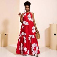 Plus Size Women's Red Floral Contrast Print Tie-Front Backless Adjustable Sleeveless A-Line Dress, S