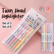 VC Art Twin Head Highlighter Set of 3/6 with Round Tip & Chisel Capsule Highlight 6s Colors School O