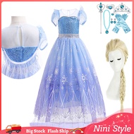 Frozen Elsa Dress for Kids Girl Blue Sequin Mesh Maxi Long Princess Dresses Halloweem Birthday Party Role Play Cosplay Costume Crown Accessories