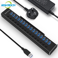 RSHTECH ฮับ A16 USB พลังงาน16พอร์ต USB 100Wฮับข้อมูล3.0ฮับ USB อลูมิเนียมตัวแยก3.0พร้อมอะแดปเตอร์ใบร