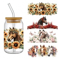 4pcs High-Quality Horse Floral Animal Design UV DTF Transfer Stickers For 16oz Libbey Glass Cups - W
